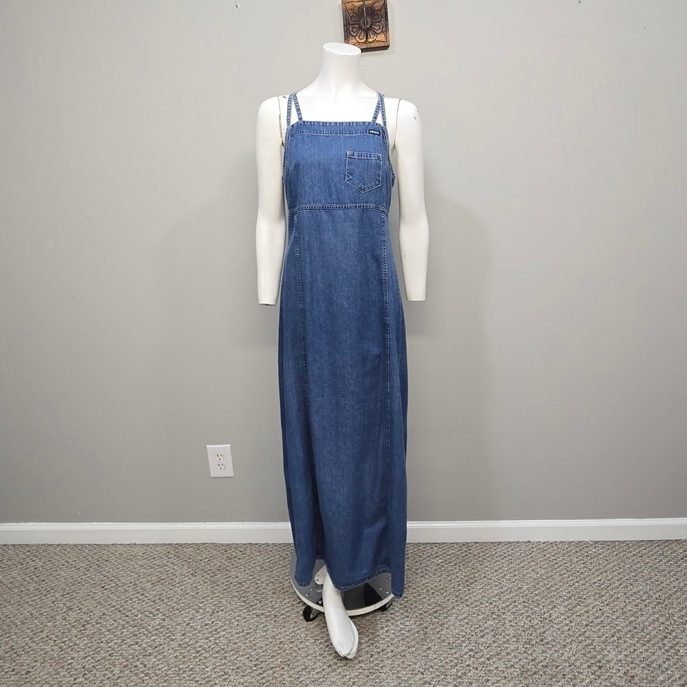 Vintage Y2K Denim Maxi Dress IT 46 US L Empire‎ Waist Strappy Criss Cross Back